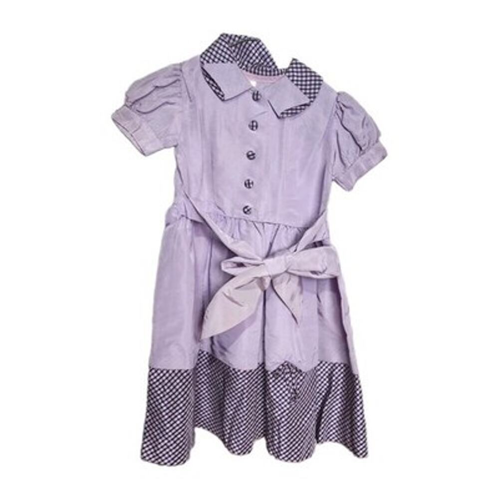 1970’s Vintage Medallion Girls Dress Peter Pan Collar Gingham Purple USA Size 7